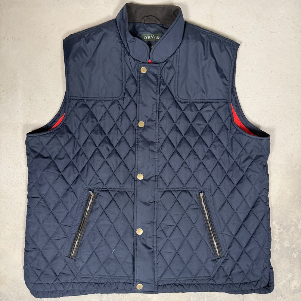 Orvis Mens XXL Navy Blue Diamond Quilted Vest Full Zip Snap Front 2SHT 70534